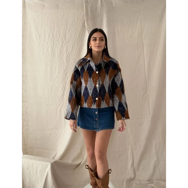 Baklava Desen Jakar Ceket Lacivert