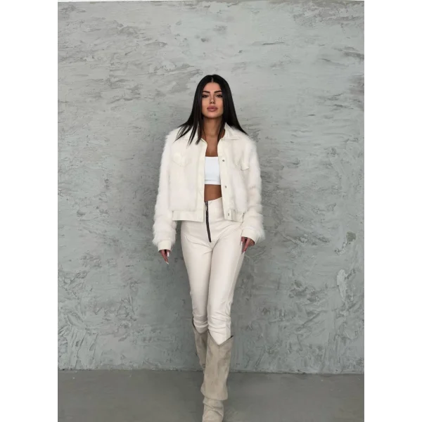 Deri Garnili Beyaz Kürk Ceket