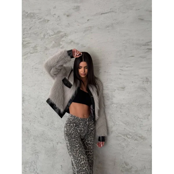 Deri Garnili Gri Kürk Ceket