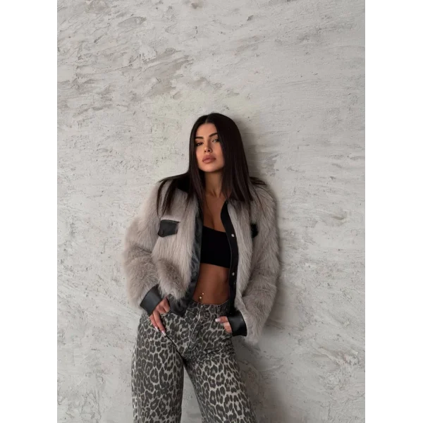 Deri Garnili Gri Kürk Ceket