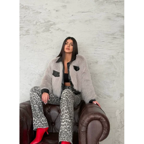 Deri Garnili Gri Kürk Ceket