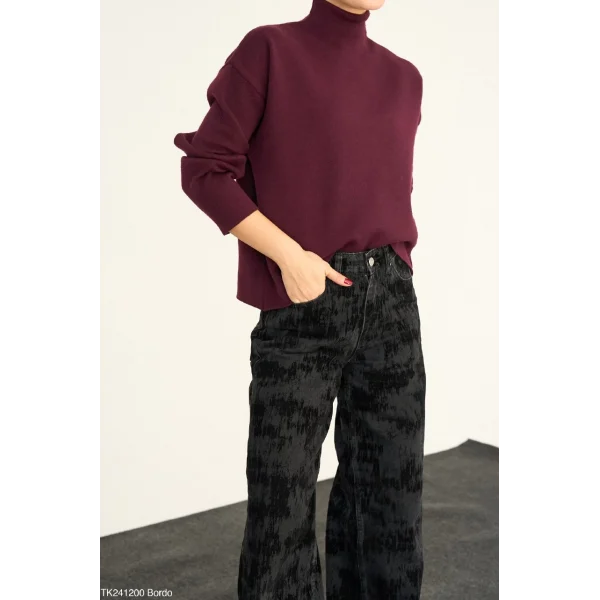 Yarım Balıkçı Yaka Bordo Triko Kazak