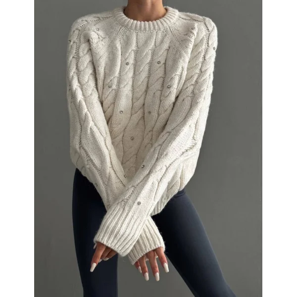 Saç Örgü Taşlı Ekru Kazak