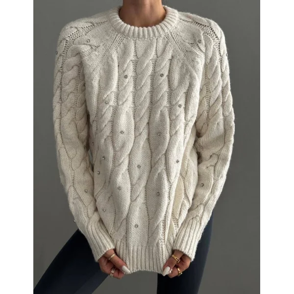 Saç Örgü Taşlı Ekru Kazak