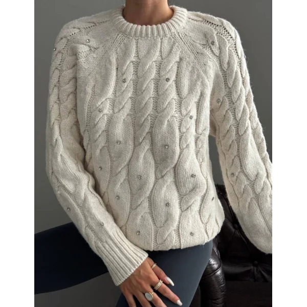 Saç Örgü Taşlı Ekru Kazak