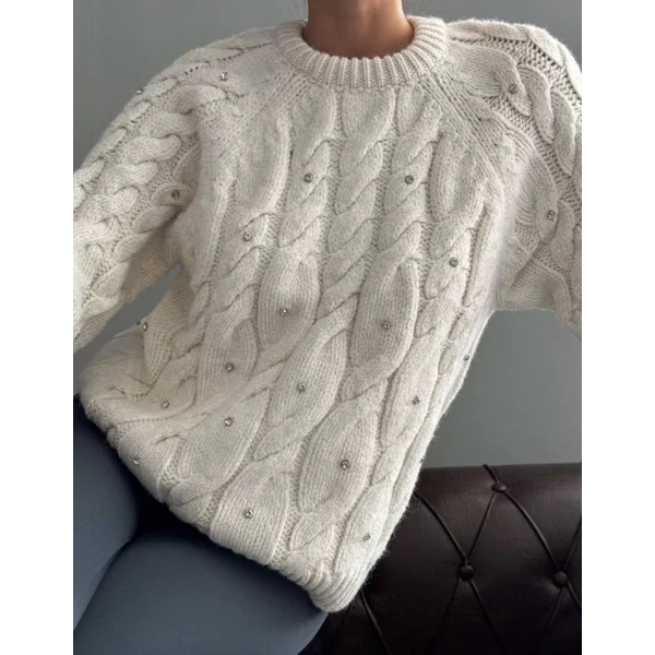 Saç Örgü Taşlı Ekru Kazak