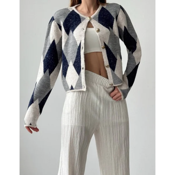 Baklava Desen Kısa Hırka Taş