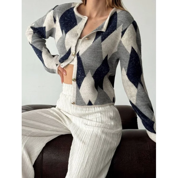 Baklava Desen Kısa Hırka Taş