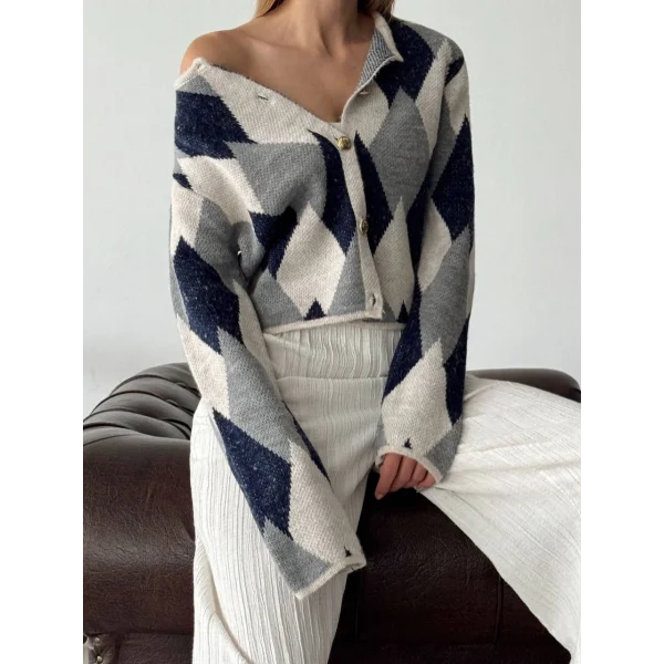 Baklava Desen Kısa Hırka Taş