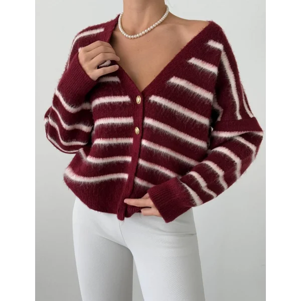 Sakallı Çizgili Hırka Bordo