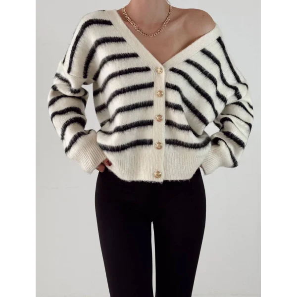 Sakallı Çizgili Hırka Ekru