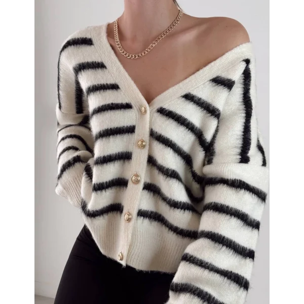 Sakallı Çizgili Hırka Ekru