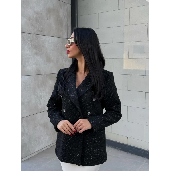 Simli Şanel Kruvaze Siyah Blazer Ceket