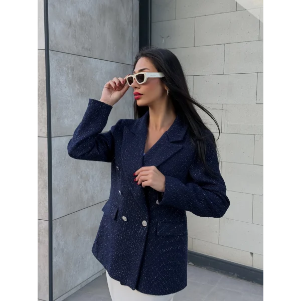 Simli Şanel Kruvaze Lacivert Blazer Ceket