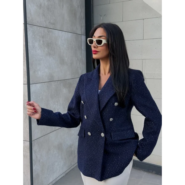 Simli Şanel Kruvaze Lacivert Blazer Ceket