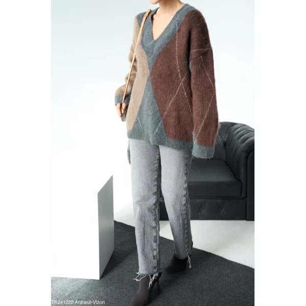 Baklava Desen V Yaka Kazak - antrasit/vizon