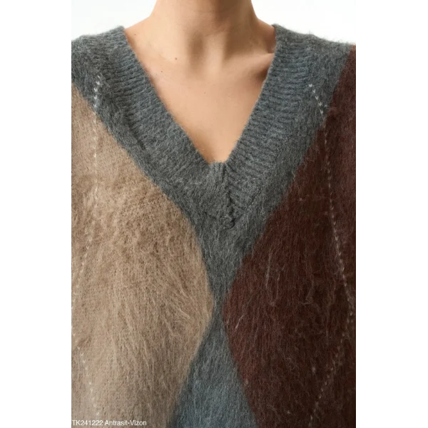 Baklava Desen V Yaka Kazak - antrasit/vizon