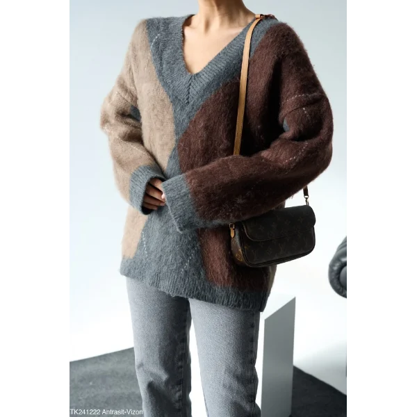 Baklava Desen V Yaka Kazak - antrasit/vizon