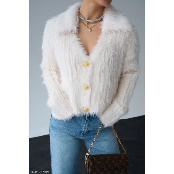 Premium Gold Düğmeli Tüylü Hırka