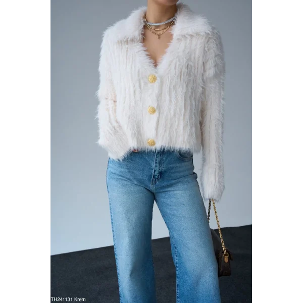 Premium Gold Düğmeli Tüylü Hırka