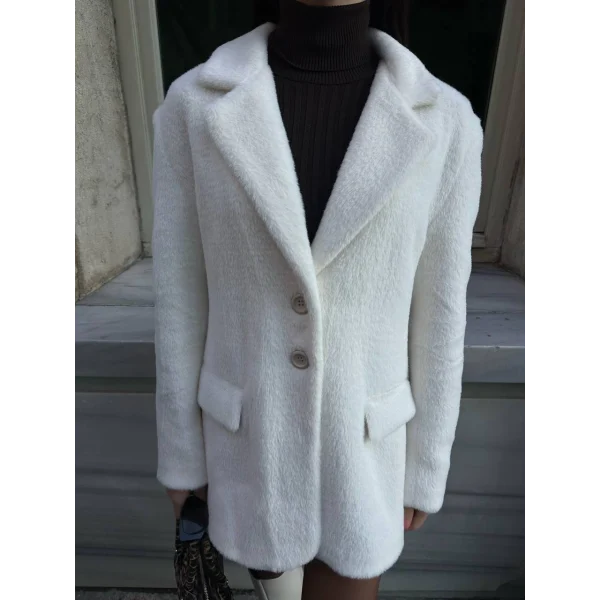 Çift Düğme Peluş Ceket Beyaz