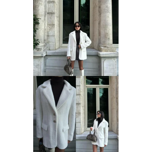 Çift Düğme Peluş Ceket Beyaz