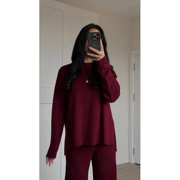 Bisiklet Yaka Yırtmaçlı Kazak Pantolon Triko Takım Bordo