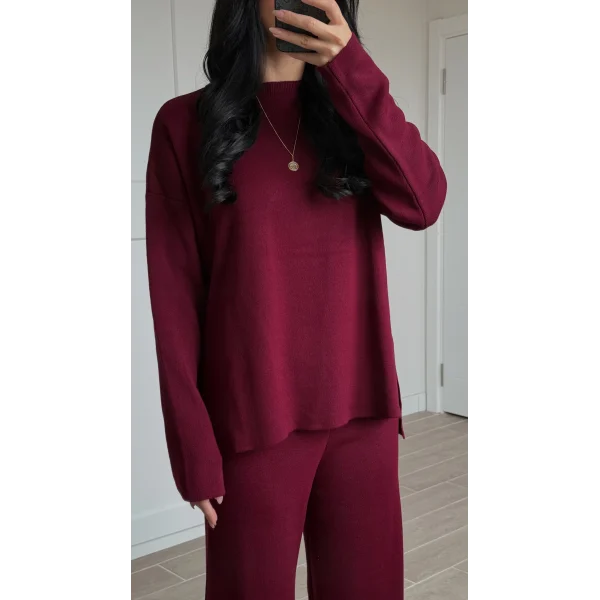 Bisiklet Yaka Yırtmaçlı Kazak Pantolon Triko Takım Bordo