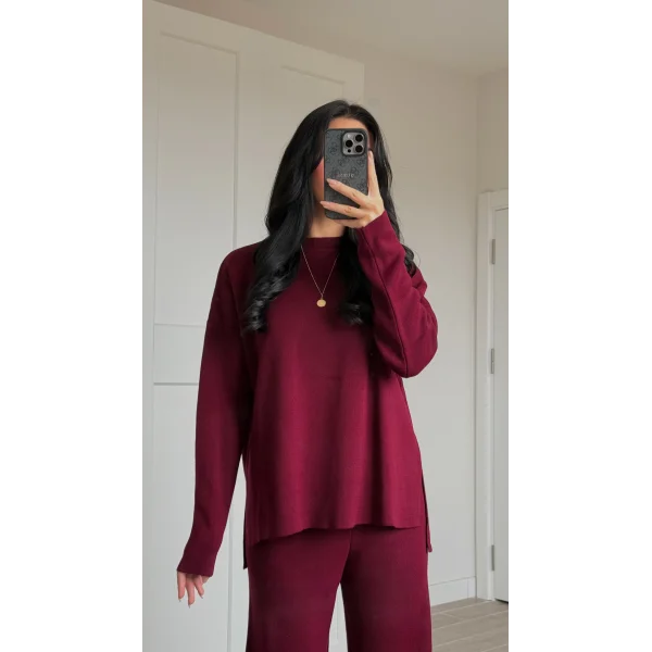 Bisiklet Yaka Yırtmaçlı Kazak Pantolon Triko Takım Bordo