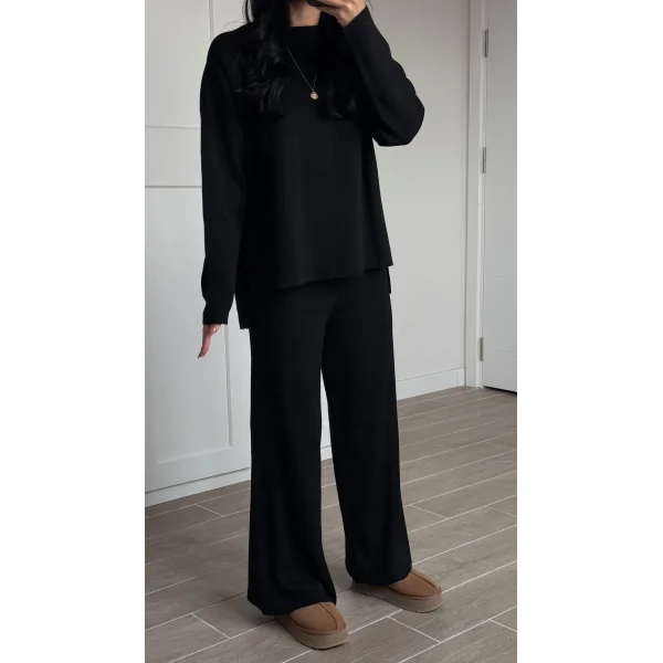 Bisiklet Yaka Yırtmaçlı Kazak Pantolon Triko Takım Siyah