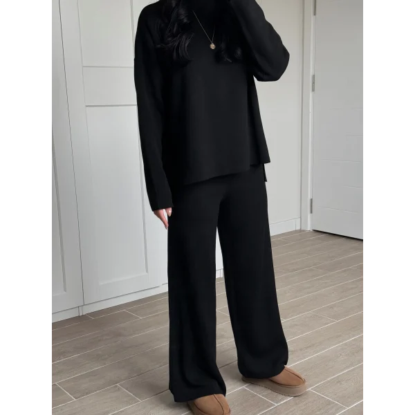 Bisiklet Yaka Yırtmaçlı Kazak Pantolon Triko Takım Siyah