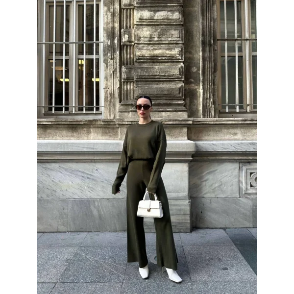 Bisiklet Yaka Yırtmaçlı Kazak Pantolon Triko Takım Haki