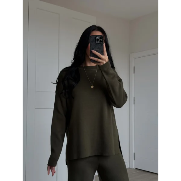 Bisiklet Yaka Yırtmaçlı Kazak Pantolon Triko Takım Haki