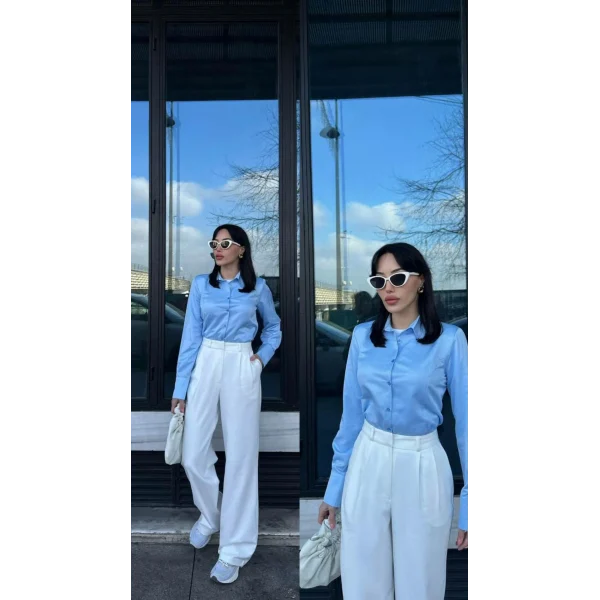 Dik Yaka Vatkalı Poplin Mavi Gömlek