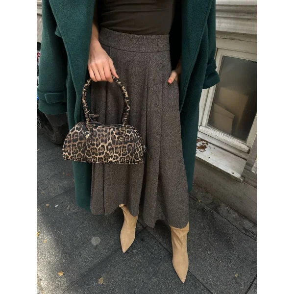 Balıksırtı Pile Detaylı Midi Boy Kaşe Etek Bej/Kahve