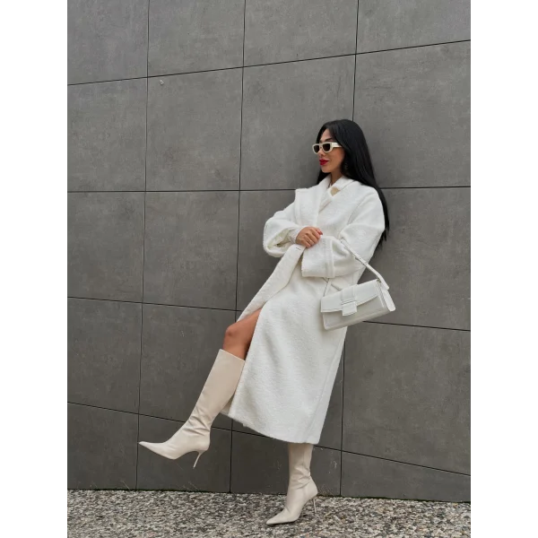 Yün Oversize Buklet Kaban Beyaz