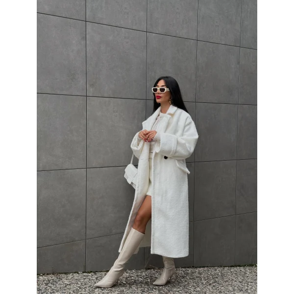 Yün Oversize Buklet Kaban Beyaz