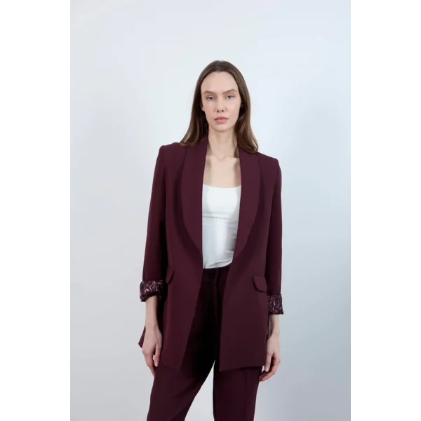 Leopar Astarlı Şal Yaka Blazer Ceket - Mürdüm