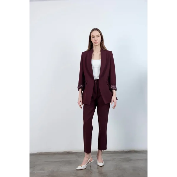 Leopar Astarlı Şal Yaka Blazer Ceket - Mürdüm