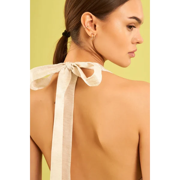 Parlak Boyundan Bağlamalı Yelek - Ekru