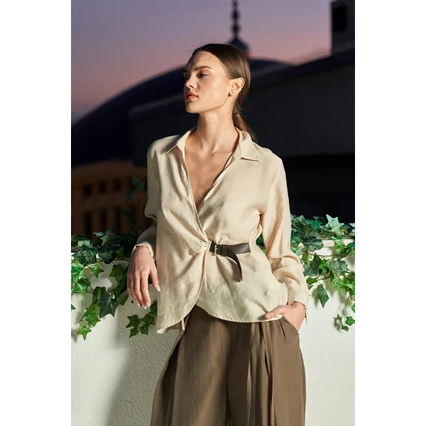 Kemer Detaylı Modal Kumaş Gömlek Bluz-Taş