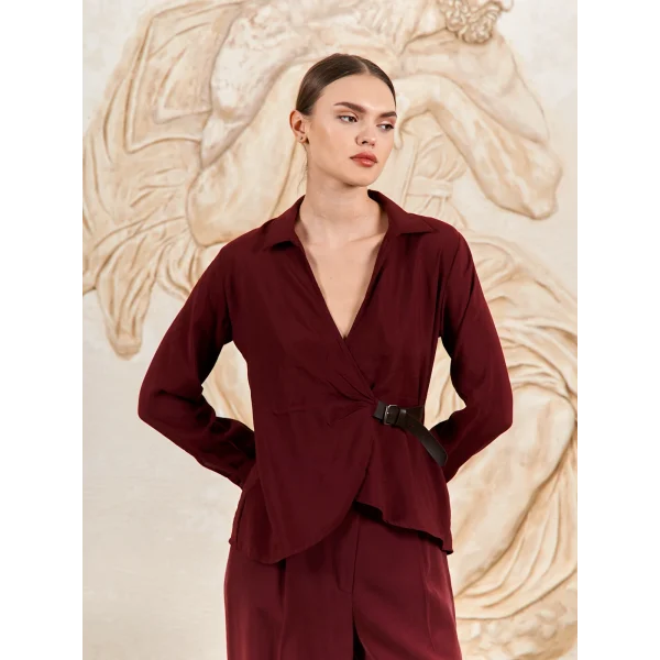 Kemer Detaylı Modal Kumaş Gömlek Bluz-Bordo