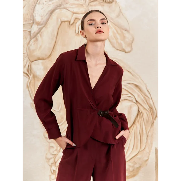 Kemer Detaylı Modal Kumaş Gömlek Bluz-Bordo