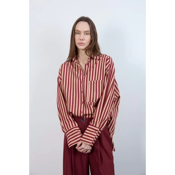 Çizgili Gömlek - Bordo Camel