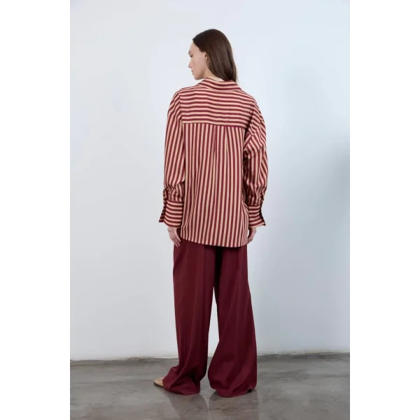Çizgili Gömlek - Bordo Camel