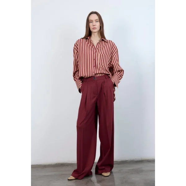 Çizgili Gömlek - Bordo Camel