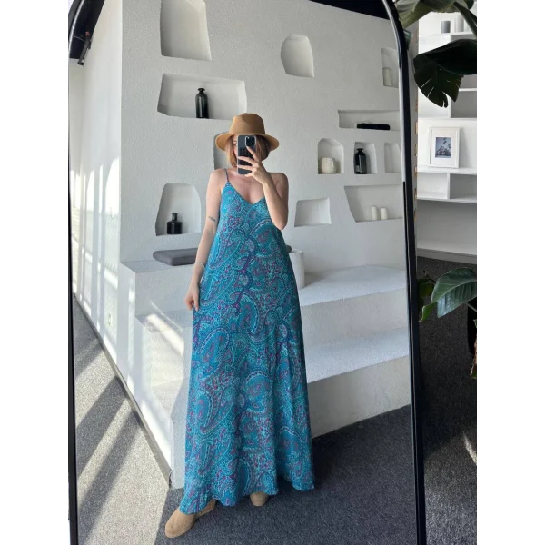 Empirme Askılı Uzun Elbise - Mavi