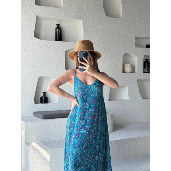 Empirme Askılı Uzun Elbise - Mavi