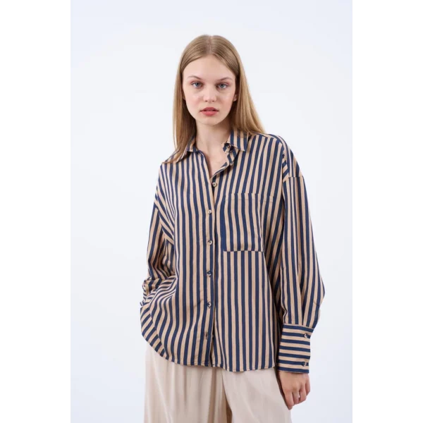 Çizgili Gömlek - Lacivert Camel