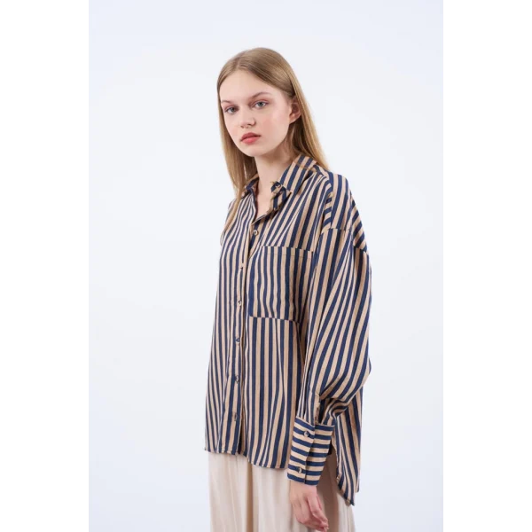 Çizgili Gömlek - Lacivert Camel